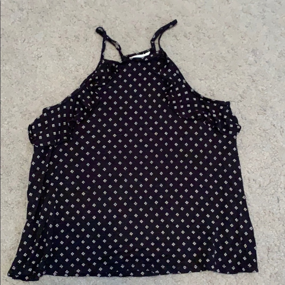 High neck tank with ruffles and pattern